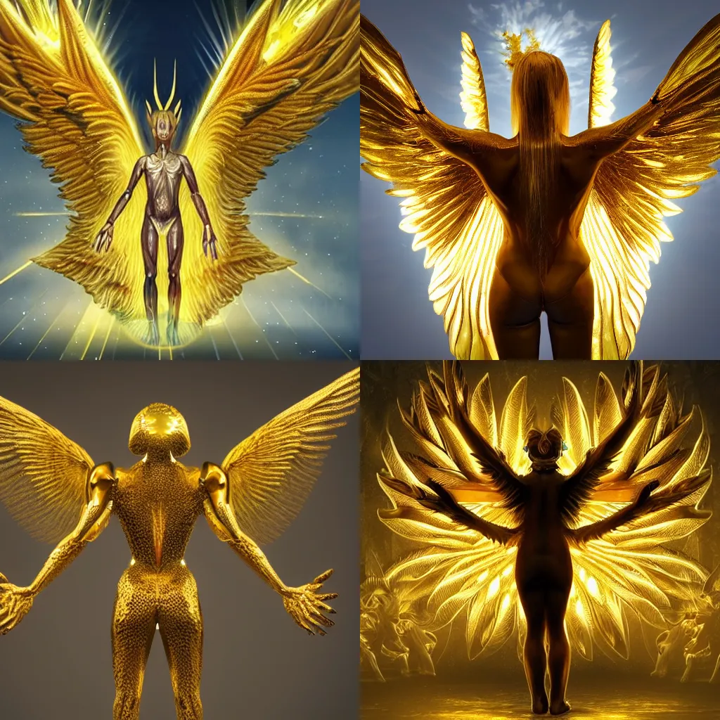 Prompt: humanoid creature with great golden wings protruding from its back and eyes that shine like the sun