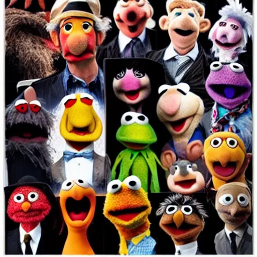 Image similar to hyper realistic puppet jury, muppet