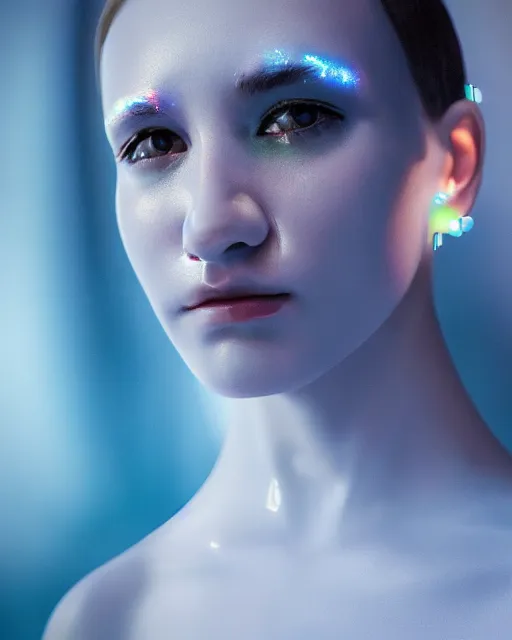 Image similar to soft focus close up portrait of an android with soft synthetic skin, bioluminescent plastics, smooth shiny metal plates, piercings, by annie liebovotz,