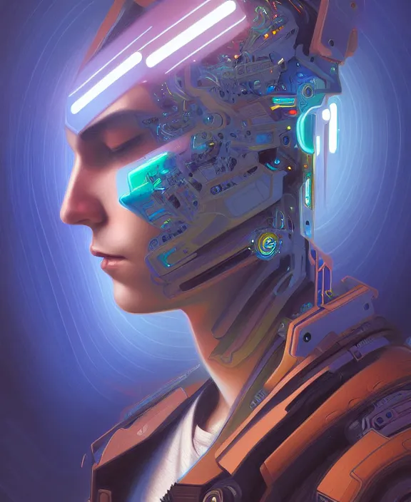 Image similar to a whirlwind inside the metaverse, guy, male, man, hologram, half body, neurochip, android, cyborg, cyberpunk face, by loish, d & d, fantasy, intricate, elegant, highly detailed, colorful, digital painting, artstation, concept art, art by artgerm and greg rutkowski and alphonse mucha