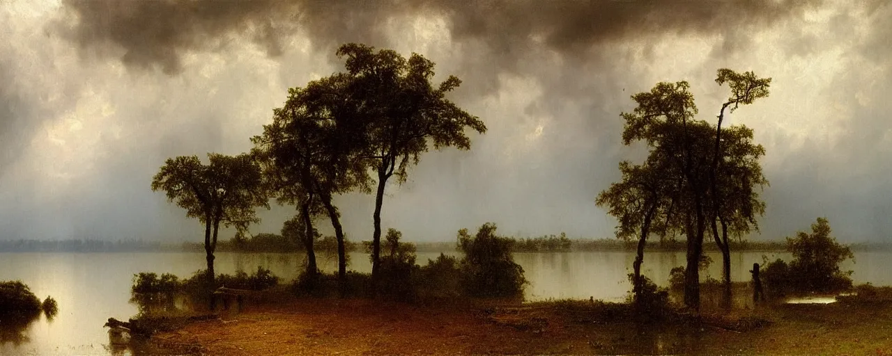 Image similar to a painting of a lake, heavy downpour, raining, by albert bierstadt