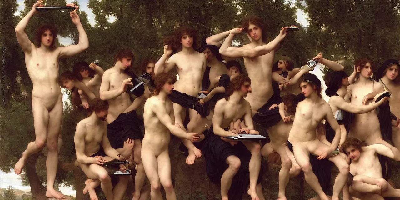 Image similar to a large group of pre - raphaelite athletic males wearing headset holding macbook! by bouguereau