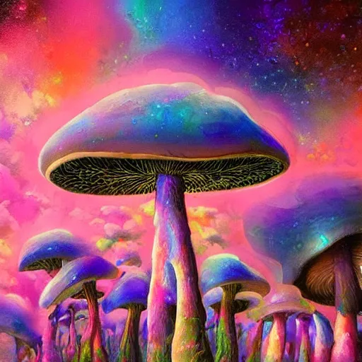 Image similar to trippy mushrooms, acrilic paint, digital, artstation, detailed intricate ink illustration, heavenly atmosphere, digital art, overdetailed art, concept art, complementing colors, trending on artstation, cgstudio, the most beautiful image ever created, dramatic, subtle details