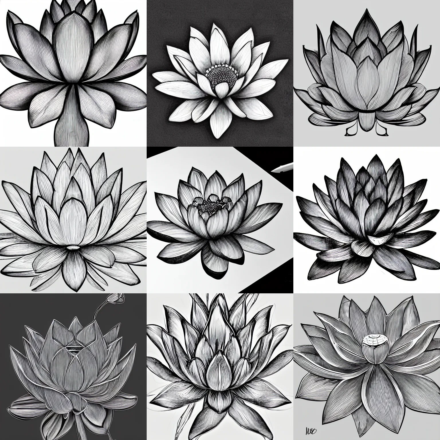 Prompt: beautiful aesthetic inspirational professional digital pen sketch of a lotus, ultra detailed, fine details, trending on artstation, high quality paper