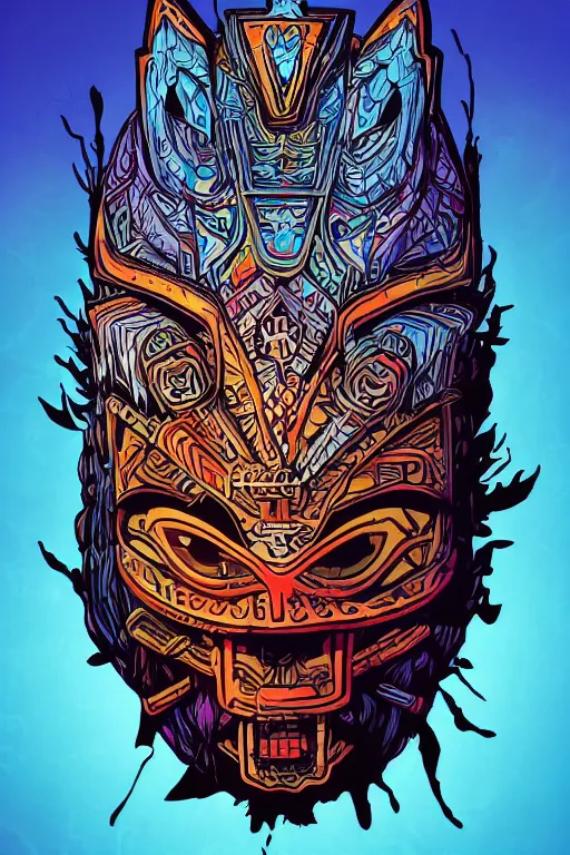 Image similar to totem animal tribal chaman vodoo mask feather gemstone plant wood rock video game illustration vivid color borderlands by josan gonzales and dan mumford radiating a glowing aura