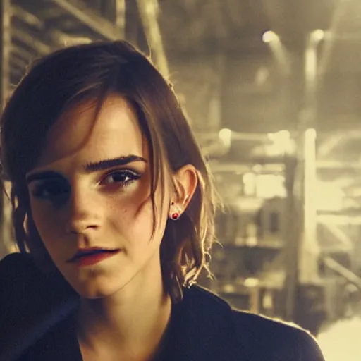 Image similar to photo, close up, emma watson in warehouse, dim light, low light, fog, android cameraphone, snapchat story screenshot, 2 6 mm,