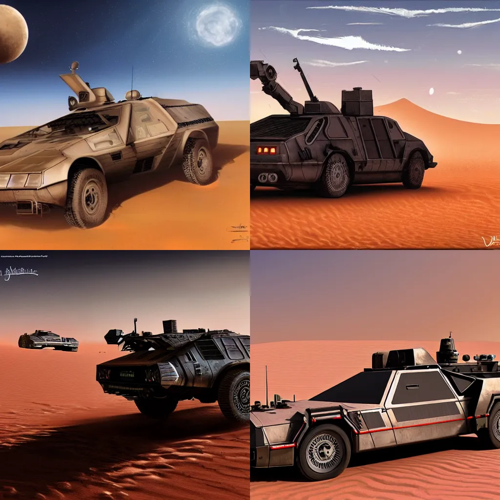Prompt: armored military Delorean in the sahara desert , concept art, cinematic, artstation