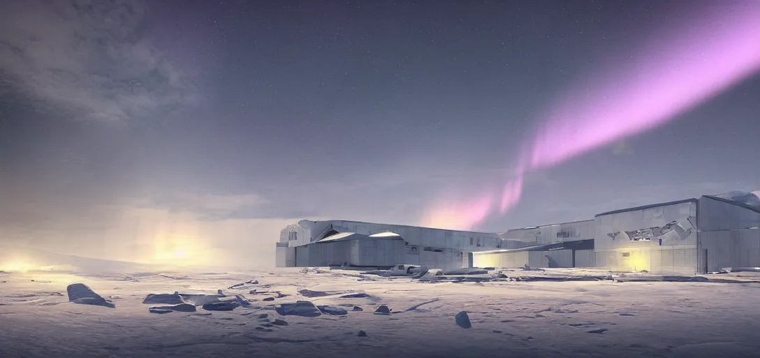 Image similar to modern research facility in the arctic at night, northern lights, aurora borealis, dramatic lighting, cinematic, establishing shot, extremely high detail, photo realistic, cinematic lighting, post processed, concept art, artstation, matte painting, style by eddie mendoza, raphael lacoste, alex ross