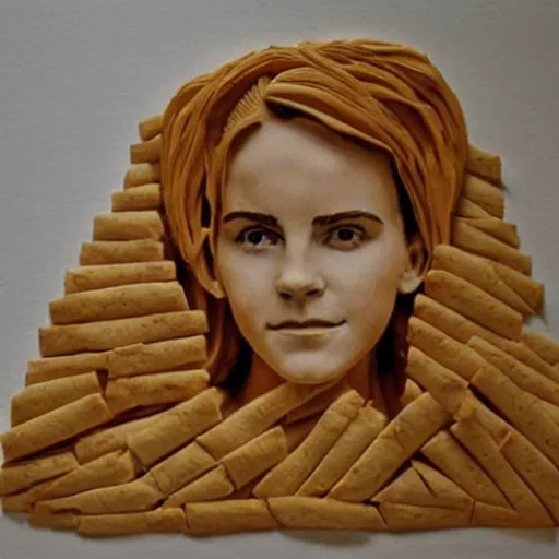 Prompt: a sculpture of emma watson made out of bread as a kids drawing