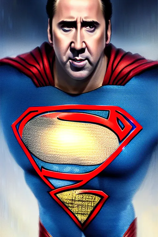 Image similar to portrait of nicolas cage as superman looking away from the camera, detailed eyes, sparkle in eyes, no hands visible, intricate, extremely detailed digital painting by greg rutkowski and mark brooks, hd, artstation