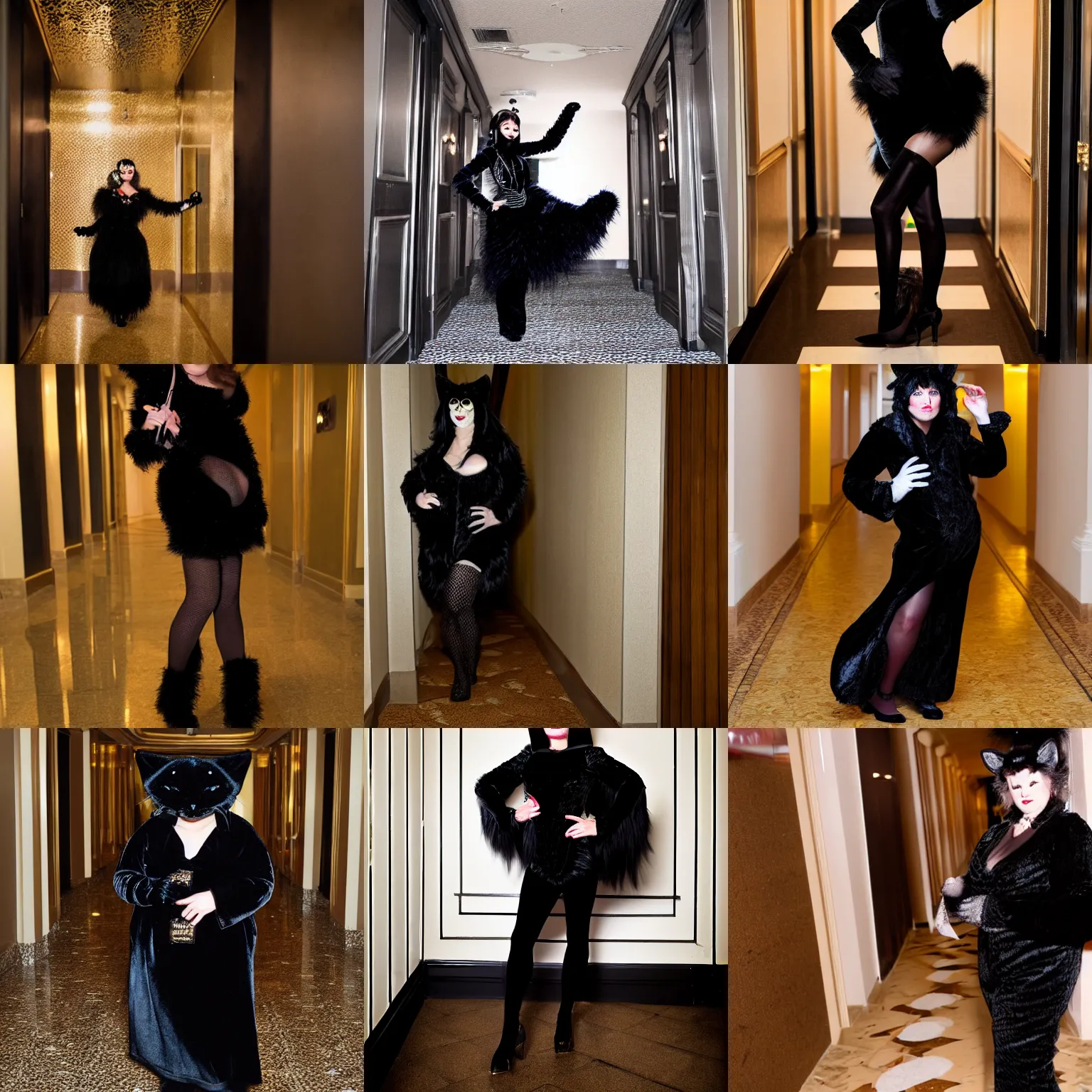 Prompt: woman in a black velvet cat costume, in a hotel hallway, flash photography