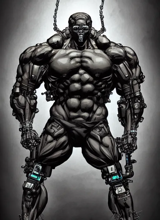 Image similar to full body portrait of an extremely muscular, very buff, huge mutant man with a creepy cybernetic mask. In style of Yoji Shinkawa and Hyung-tae Kim, trending on ArtStation, dark fantasy, great composition, concept art, highly detailed.