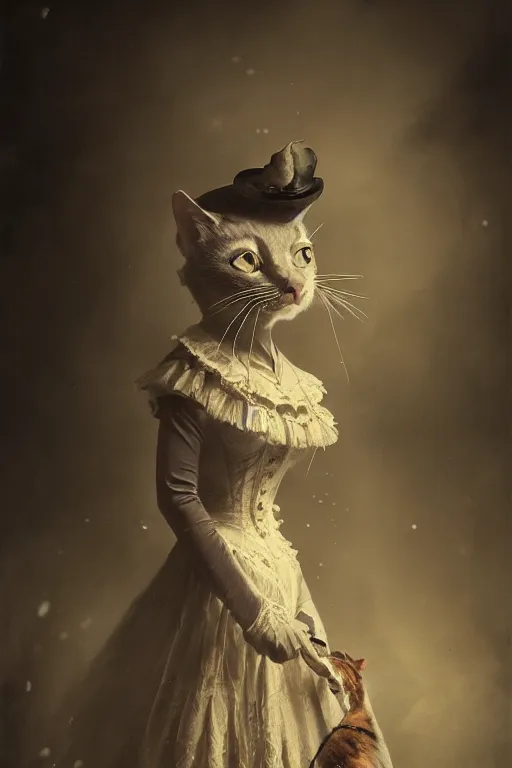 Prompt: wet plate photograph, portrait of an anthropomorphic cat in a victorian - era ballgown, dramatic lighting, highly detailed, digital painting, artstation, concept art, smooth, sharp focus, illustration, art by wlop, mars ravelo and greg rutkowski