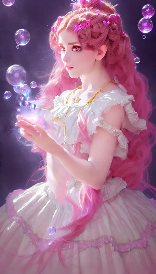 Prompt: portrait of magical lolita girl, dreamy and ethereal, pink eyes, curious expression, ornate frilly dress, fantasy, intricate, elegant, rainbow bubbles and crystals around the girl, highly detailed, digital painting, artstation, concept art, smooth, sharp focus, illustration, art by artgerm and greg rutkowski and alphonse mucha