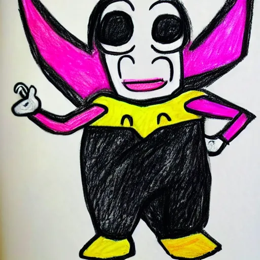 Image similar to a children's drawing of mr. mime as batman, crayon, paper