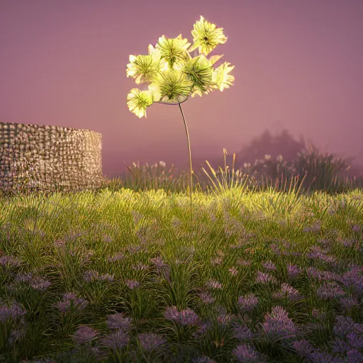 Prompt: Luminescent flower blooming at twilight, realism, photorealism, f 3.5, photography, octane render, highly detailed, vray, volumetric lighting, unreal engine