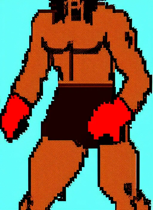 Image similar to full body shot. antropomorphic muscular masculine wolf. kickboxer, in red shorts. wolf head. furr on body. 8 bit nes graphics, pixelate