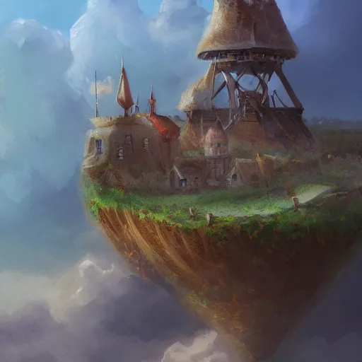 Prompt: A floating island in the clouds with a small medieval village and a windmill on top of it, D&D, magical, highly detailed, digital painting, trending on artstation, 8k
