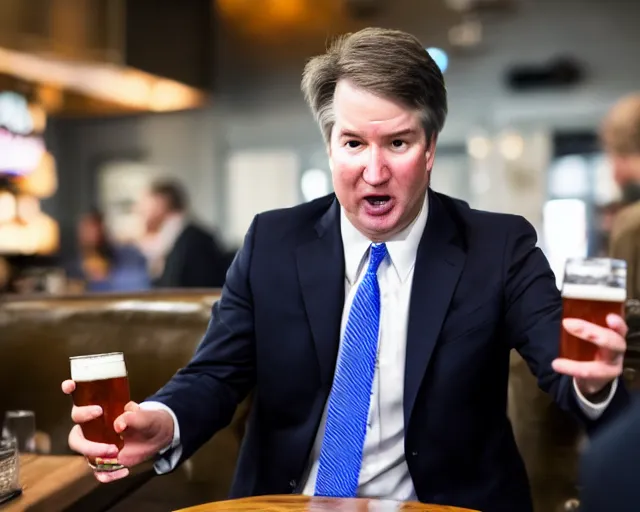 Image similar to photo of brett kavanaugh staring longingly at beer, 5 0 mm f / 2. 8, dramatic, color photo, emotional