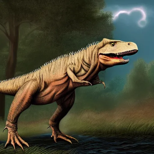 Prompt: a highly detailed realistic image of a Tyrannosaurus with feathers in its natural habitat