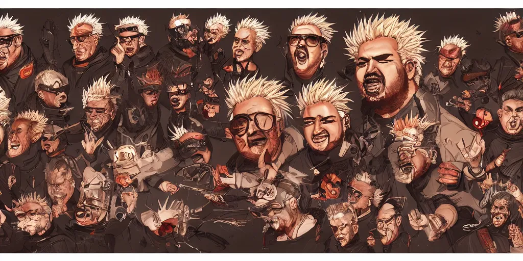 Prompt: guy fieri, character sheet, concept design, contrast, kim jung gi, greg rutkowski, zabrocki, karlkka, jayison devadas, trending on artstation, 8 k, ultra wide angle, pincushion lens effect