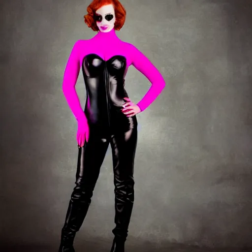 Image similar to Fully-clothed full-body portrait of Christina Hendricks as catwoman with eyes covered, leather thigh-high boots, studio lighting, professional, 8K, neon pink leather