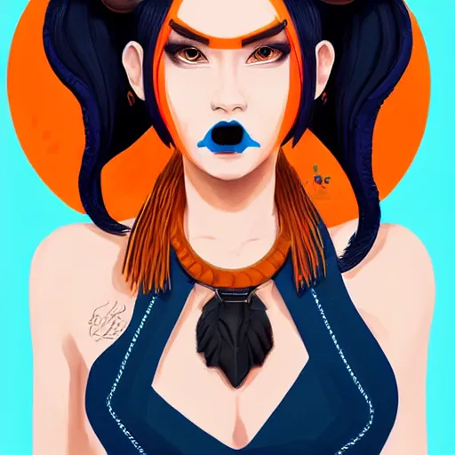 Image similar to illustrated realistic portrait of ram-horned devil woman with blue bob hairstyle and her tangerine colored skin and with solid black eyes wearing leather by rossdraws