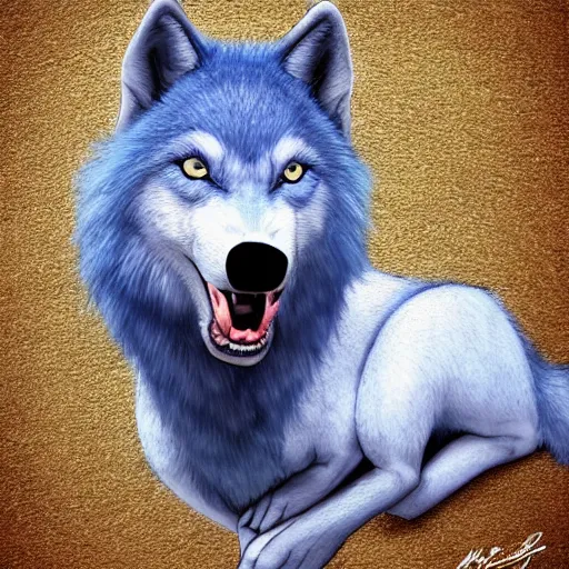 Prompt: pale blue wolf, pale green handkerchief, dark blue hair, dark blue spots, black nose, happy smile having fun, beige ears, beige mane, black eyes, hyperrealistic, photo realistic, realistic, beautiful white lighting, in the middle of the day, hyperdetailed, very detailed, excellent composition