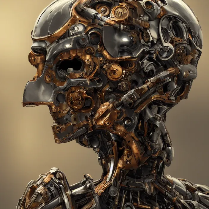 Image similar to portrait of a topaz Ultron from Age of Ultron, clockwork steampunk, front profile head and chest only, cybernetic skull-like head, by Beksinski, 4k, deviantart, trending on artstation
