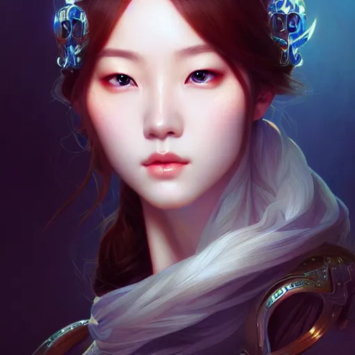 Image similar to Portrait of female Korean idol, D&D, blue eyes, face, fantasy, intricate, elegant, highly detailed, digital painting, artstation, concept art, smooth, sharp focus, illustration, art by artgerm and greg rutkowski and alphonse mucha