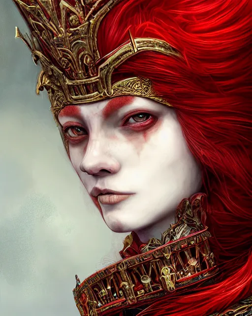 Prompt: redhead queen in heavy red armor, inside an epic gothic castle, baroque, large crown, heart eyes, face with scars, mad grin, intimidating, ominous, high fantasy, intricate detail, digital painting, artstation, concept art, smooth, sharp focus, illustration, art by yoshitaka amano and monia merlo and wlop