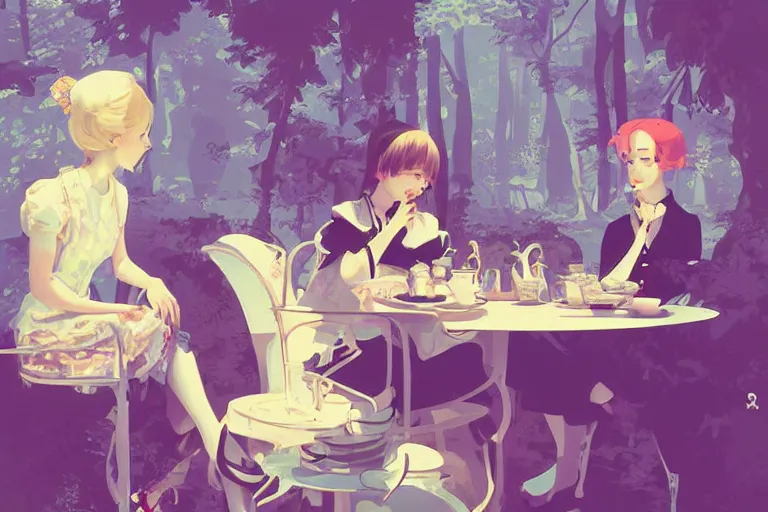 Prompt: tea time in wonderland by lewis carroll, digital illustration by ilya kuvshinov