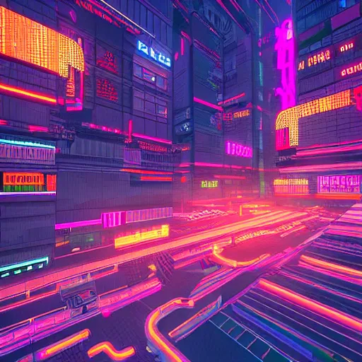 Prompt: neon city, cyberpunk vibe, pixel art, highly detailed render