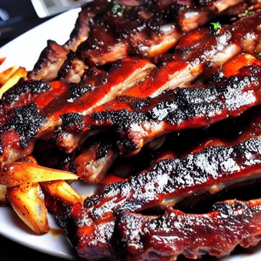 Image similar to spareribs as big as buildings grilled over a volcano