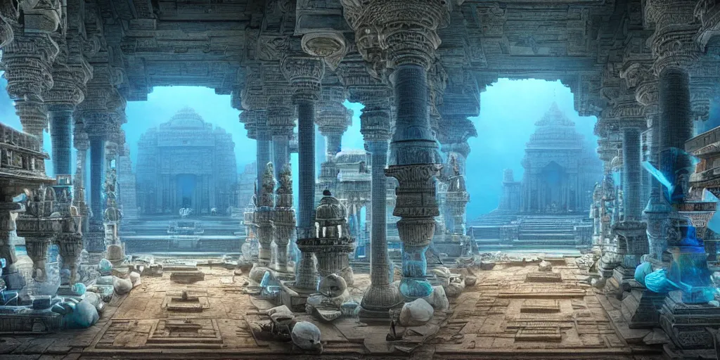 Prompt: Breath taking cinematic movie scene, in the style of Ridley Scott and James Cameron, hyper realistic, 200mm wide shot, hyper detailed, precise architectural rendering, interior of an underwater India temple in ancient Dwarka with giant blue glowing Krishna statue with ornate Indian temple architecture, multicoloured fish, god days, volumetric light, crowds of people, highly detailed architecture, crystalline, detailed illustration, sharp focus, concept art, unreal engine, octane render H 768