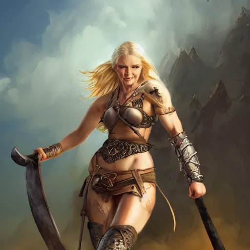 Image similar to a detailed picture of a beautiful and tough looking blonde viking woman, carrying a large axe above her head, elegant, smiling playfully, burning village in the background, night time raid, 8 k, artstation, fine detail, art by frank frazetta