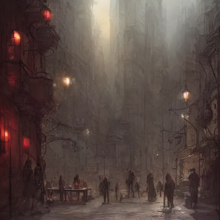 Image similar to some people waiting in a lone bus stop in qiet dark city, by marc simonetti