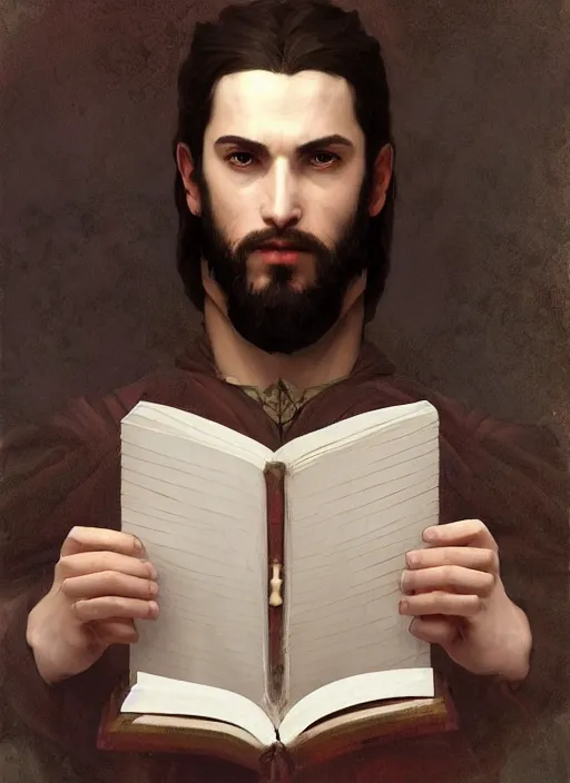 Prompt: character concept portrait of an attractive young focused Spanish wizard with pale red skin enchanting an arousal spell, a floating iridescent spell book in the center, intricate, elegant, digital painting, concept art, smooth, sharp focus, illustration, from Metal Gear, by Ruan Jia and Mandy Jurgens and William-Adolphe Bouguereau, Artgerm