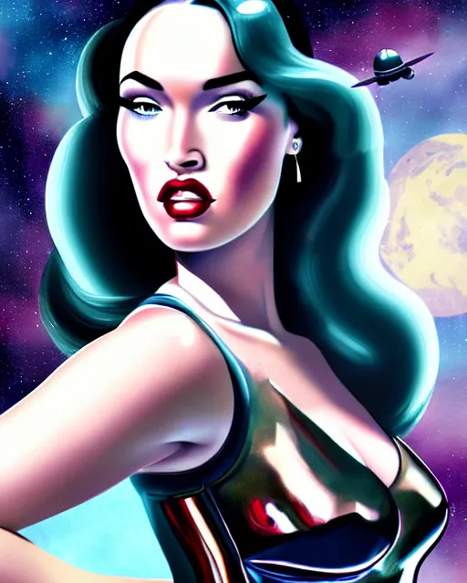 Prompt: closeup beautiful retro space megan fox varga girl, posing on a chrome space ship in diesel punk city, windblown dark hair, retro pinup, seductive, 1 9 4 0, hyper detailed, digital art, smooth, sharp focus,