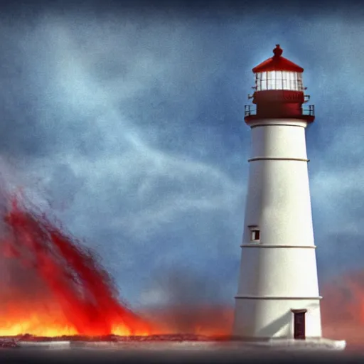 Image similar to a lighthouse in hell. 4 k dannated people. fire. light. cinematic. rule of thirds. realistic.