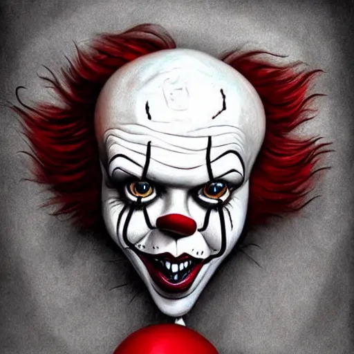 Prompt: surrealism grunge cartoon portrait sketch of pennywise with a wide smile and a red balloon by - michael karcz, loony toons style, pennywise style, horror theme, detailed, elegant, intricate