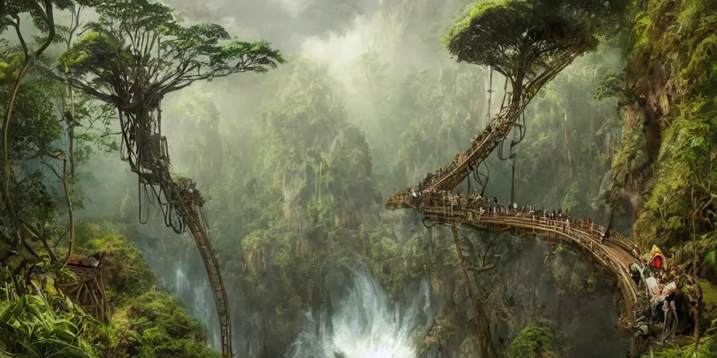 Image similar to jungle rainforest cliffs with treehouse village. tiered catwalks and rope bridges. wooden cabins. foggy valley and mountains fading into the distance, at sunset. waterfalls. neverland. peter pan kids wearing war paint and headdresses, standing on the rope bridges. dinosaurs. magic the gathering card art by greg rutkowski.