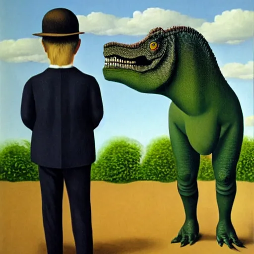 Prompt: a Magritte painting of a boy and his dinosaur