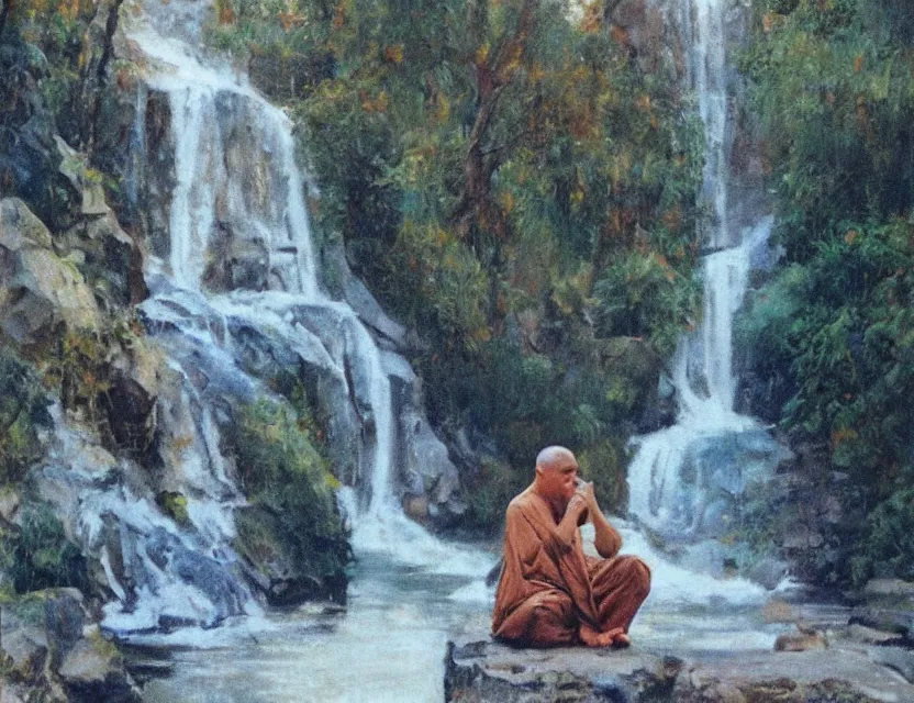 Image similar to by steve hanks, by serov valentin, by lisa yuskavage, by andrei tarkovsky, by terrence malick focused monk sits near waterfall, polaroid, vintage, soft lights, foggy, oil on canvas