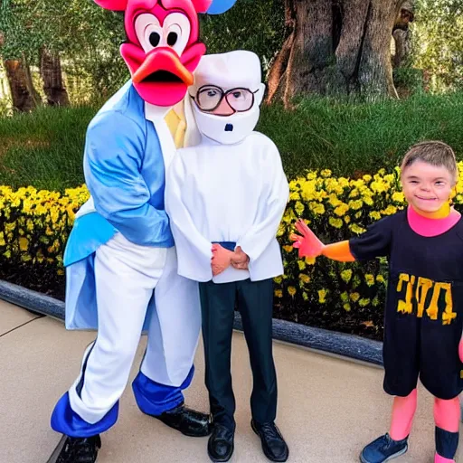 Image similar to photo of a kid with a man wearing a walter white costume in disney world, highly detailed faces, happiness