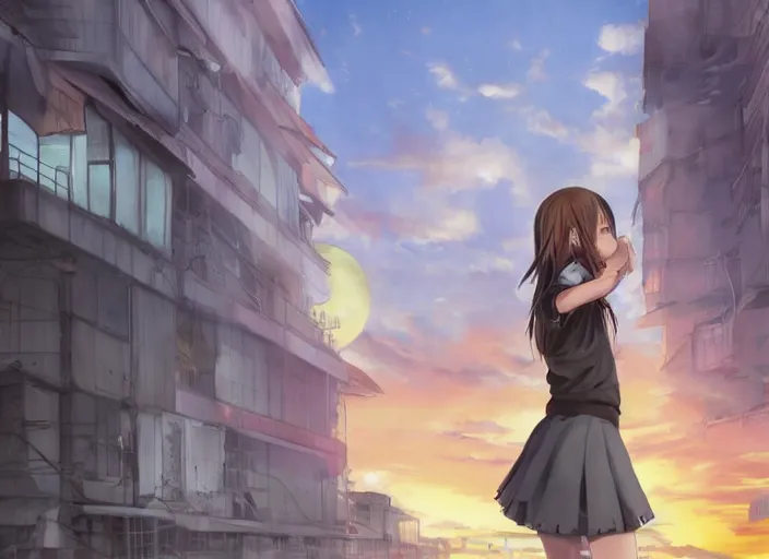 Image similar to anime girl in skirt looking out the window at megopolois and sunset, dynamic composition, motion, ultra-detailed, incredibly detailed, a lot of details, amazing fine details and brush strokes, colorful and grayish palette, smooth, HD semirealistic anime CG concept art digital painting, watercolor oil painting of Clean and detailed post-cyberpunk sci-fi close-up schoolgirl in asian city in style of cytus and deemo, blue flame, relaxing, calm and mysterious vibes,, by a Chinese artist at ArtStation, by Huang Guangjian, Fenghua Zhong, Ruan Jia, Xin Jin and Wei Chang. Realistic artwork of a Chinese videogame, gradients, gentle an harmonic grayish colors. set in half-life 2, Matrix, GITS, Blade Runner, Neotokyo Source, Syndicate(2012), dynamic composition, beautiful with eerie vibes, very inspirational, very stylish, with gradients, surrealistic, dystopia, postapocalyptic vibes, depth of field, mist, rich cinematic atmosphere, perfect digital art, mystical journey in strange world