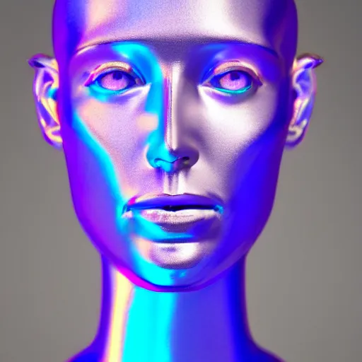 Image similar to 3d render of holographic human robotic head made of glossy iridescent, surrealistic 3d illustration of a human face non-binary, non binary model, 3d model human, cryengine, made of holographic texture, holographic material, holographic rainbow, concept of cyborg and artificial intelligence