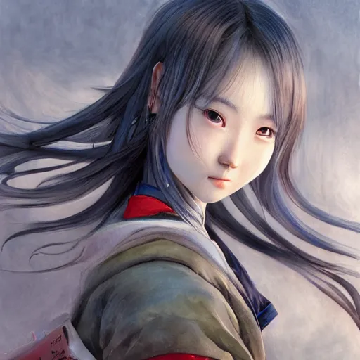 Image similar to dynamic composition, motion, ultra-detailed, amazing details, colorful and grayish palette, HD semirealistic anime CG concept art digital painting, watercolor oil painting of a Japanese schoolgirl, by a Chinese artist at ArtStation, by Huang Guangjian, Fenghua Zhong, Ruan Jia, Xin Jin and Wei Chang. Realistic artwork of a Chinese videogame, gradients, gentle an harmonic grayish colors.