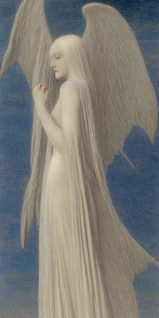 Image similar to Say who is this with silver hair so pale and Wan and thin? Beautiful lone single feminine angel in the style of Jean Delville, Lucien Lévy-Dhurmer, Fernand Keller, Fernand Khnopff, oil on canvas, 1896, 4K resolution, aesthetic, mystery