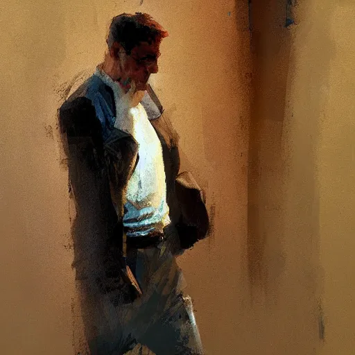 Image similar to depressing man, painted by Craig Mullins